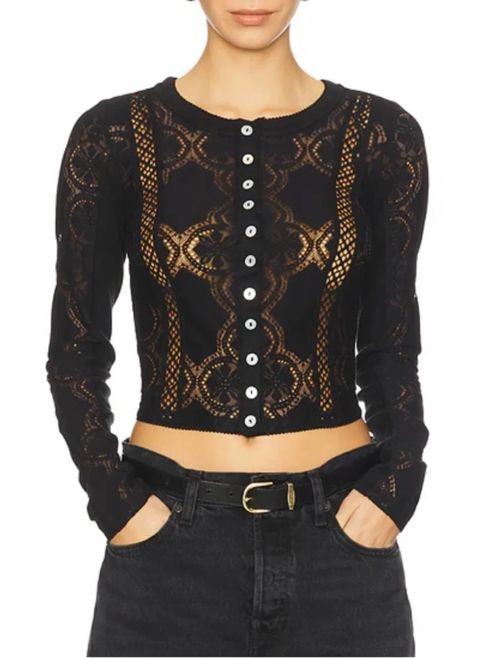 Free People NWT Jae Lace Top Medium Black Long Sleeves Button Front Knit